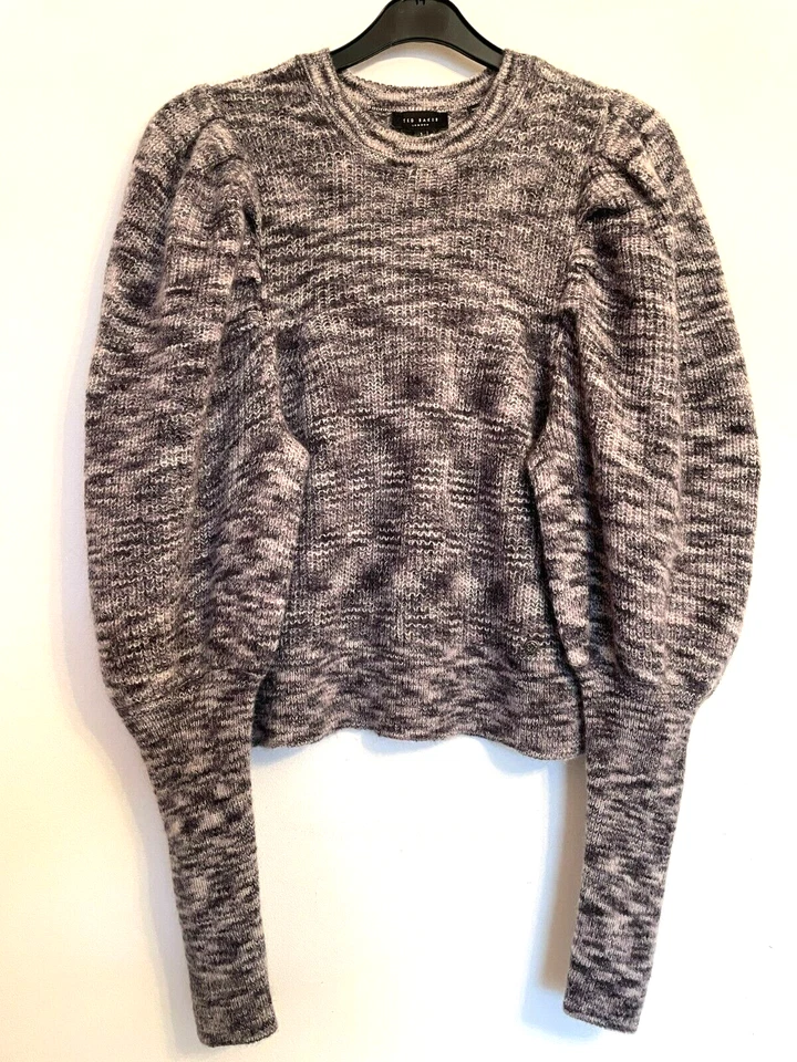 Ted Baker Wool Jumper Size 8 Grey Black Balloon Sleeve Wool Mohair Mix - Image 1 of 4