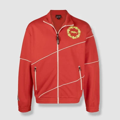 $555 Just Cavalli Men's Red Fire Circle Piped Stand Collar Zip-Up Jacket Size XL - Image 1 of 4