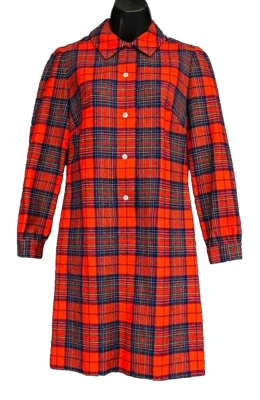 Mini Vestido Vintage Años 70 Rojo Lana Cuadros, Camisa Pendleton Manga Larga Otoño Invierno Foto 1 de 4