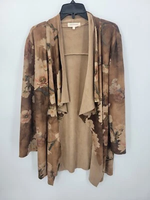 Cardigã Solitário Feminino Grande Marrom Floral Camurça Falsa Frente Aberta Cachoeira - Imagem 1 de 4