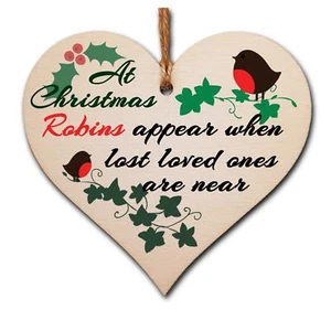 Handmade Wooden Christmas Hanging Heart Plaque Gift Robins appear loved ones - Picture 1 of 5