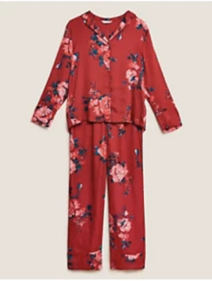 M&S ROSIE RED MIX SATIN FLORAL PYJAMA SET - Image 1 of 4