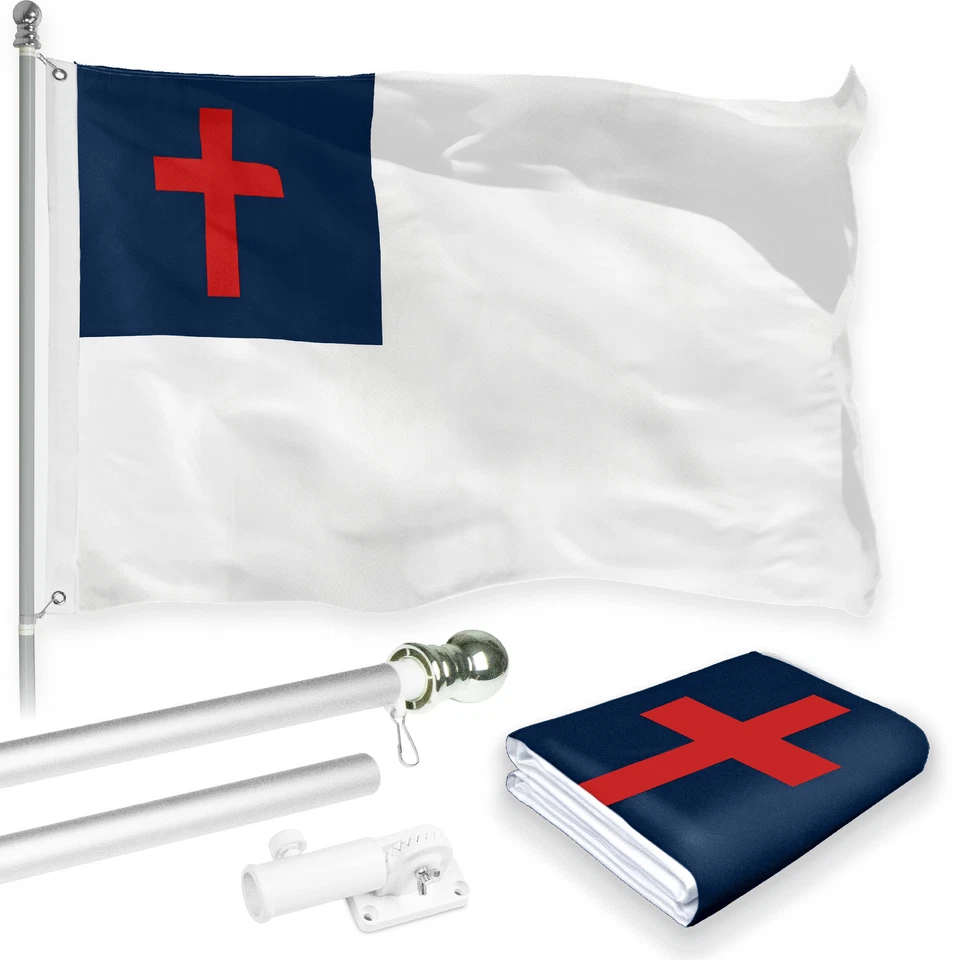 G128 Combo Pack 5 Ft Aluminum Flagpole Silver & Christian Flag Printed 2x3 Ft