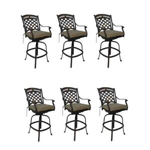 Patio bar stools set of 6 swivel outdoor cast aluminum seating Sunbrella.