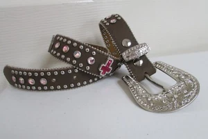 Nocona Western Girls Kids Belt Rhinestones Pink Cross Brown N4425644 - Picture 1 of 12