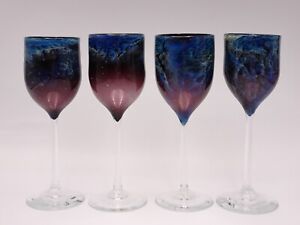 4 VINTAGE JOSH SIMPSON ART GLASS HANDBLOWN WINE GOBLETS