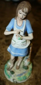 Vintage Ceramic Girl In Apron Holding Flower With Butterfly 8 3/4" GUC - Picture 1 of 6