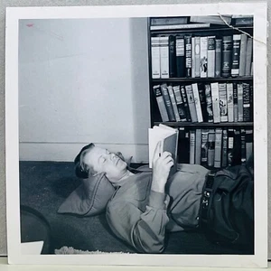 Handsome Man Laying Down Reading a Book Vintage Snapshot Photo 1940s - Picture 1 of 4