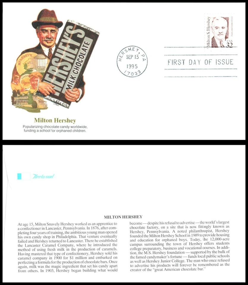 1995 Milton Hershey Sc 2933 FDC Fleetwood chocolate philanthropist founder - Image 1 of 1