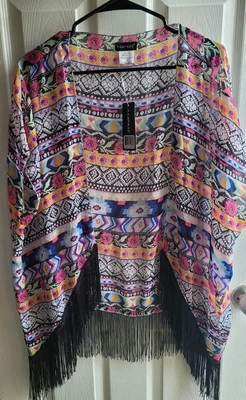 Rampage Swim Coverup Wrap Sheer Floral Bohemian Design Fringe Sleeveless NWT - Image 1 of 4