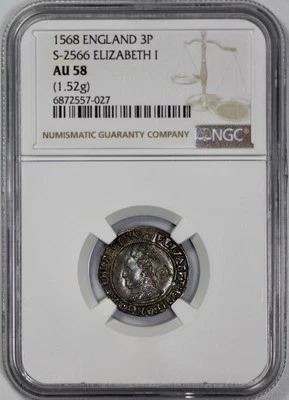 1568 England 3 Pence NGC AU 58 S-2566 Elizabeth I 1.5g - Image 1 of 4