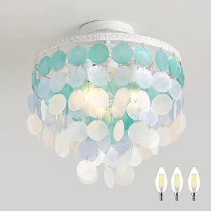 13.8" Natural Capiz Shell Chandelier 3 Light Mini Chandelier Boho Ceiling Lig... - Picture 1 of 6