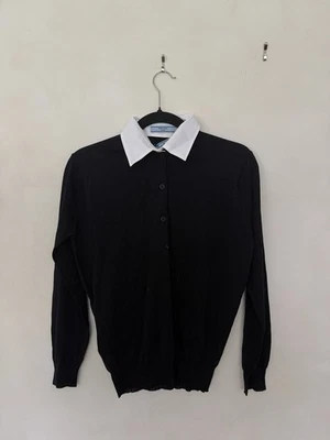 PRADA DNA00T S 145T Collared Wool Knit Long Sleeve Polo Shirt Dark Navy 36 Women - Image 1 of 4