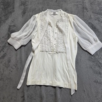 Blusa Top August Seda Blanca Manga Abullonada Transparente Para Mujer S Volantes Corbata Cuello Detalle Foto 1 de 4