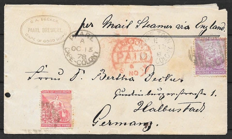 Cape of Good Hope covers 1878 Shipcover Paarl to Halberstadt Cover