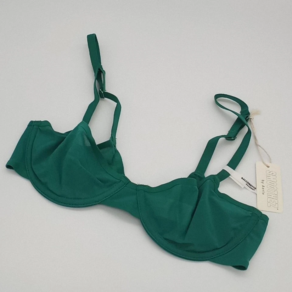 Aerie SMOOTHEZ Mesh Unlined Bra 32B Balconette Adjustable Strap Green