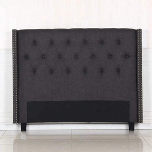 Bed Head Queen Charcoal Headboard Upholstery Fabric Studded Buttons - Picture 1 of 5