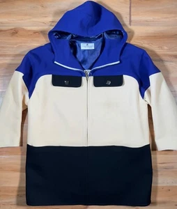 Vintage 80er Courreges Paris blau creme schwarz Mod Colorblock Wolle Kapuze Reißverschluss Mantel 36 - Bild 1 von 19