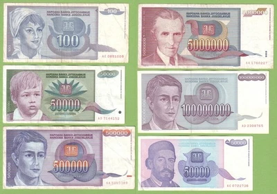 Yugoslavia - Lot - 6 banknotes - 1992-93 - VF/XF Paper Money Bill Nikola Tesla - Image 1 of 4