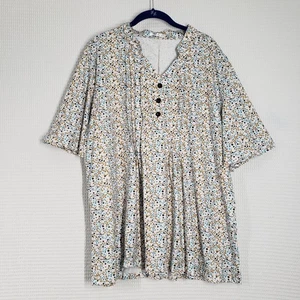 Hocosit Tunic Top Womens XXL White Ditsy Floral Pleated Flutter Sleeve Bohemian - Picture 1 of 18