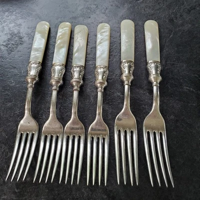 6=Antique DINNER+LUNCHEON FORKS w/MOP handle, Sterling Band  #394 - Image 1 of 3