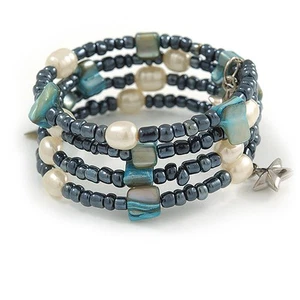 Multistrand Glass, Shell, Faux Pearl Bead Flex Bracelet (Hematite, Blue, Off - Picture 1 of 4