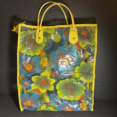 Vintage 60’s 70’s Tote  Bag  14 X 12 1/2 X 3 1/2 Clear With Floral Design - Image 1 of 4