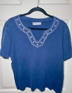 Womans Cathy Daniels Navy Nautical Twill w/Embroidery Stars Pullover Top Size L - Picture 1 of 3