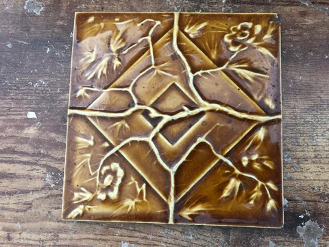 Vintage ART NOUVEAU Ceramic Brown Glazed Tile Flowers Branch Diamond embossed #1 Cover