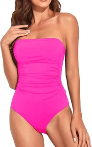 Women Tummy Control One Piece Swimsuits Strapless Bandeau Bathing Suits Slimming - Picture 1 of 12