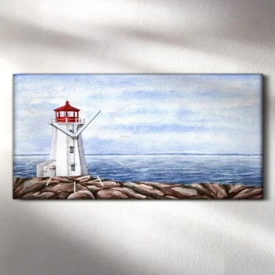 Wanduhr Uhr Wandbild Leinwand Geräuschlos 60x30 Leuchtturm Wasser Landschaft - Bild 1 von 4