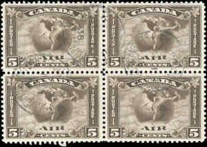 Canada Used VF 5c Scott #C2 Block of 4 1930 Air Mail Stamps