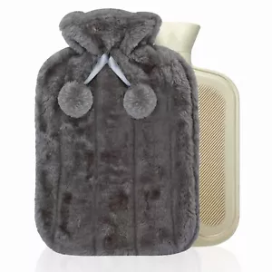 Large 2L Natural Rubber Hot Water Bottle With Warm Faux Fur Fleece Knitted Cover - Picture 1 of 6