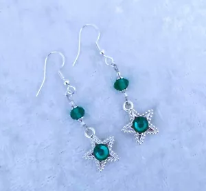 Green 3D Diamante Bright Silver Star, Double Sided,925 Silver Hook Earrings. - Picture 1 of 4