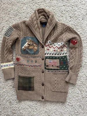 Cardigã de lã vintage Ralph Lauren meninas equestres 7 patchwork marrom americano - Imagem 1 de 4