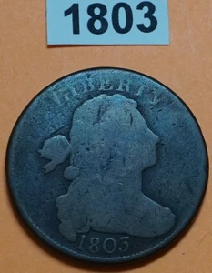 Moneda de cobre de Estados Unidos 1803 (fecha pequeña roma 1) busto drapeado centavo grande en muy buena condición fecha clara - Imagen 1 de 3