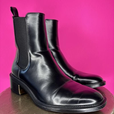Zara Black Faux Leather Gold Heel Accent High Ankle Chelsea Boot Sz 37 - Image 1 of 4