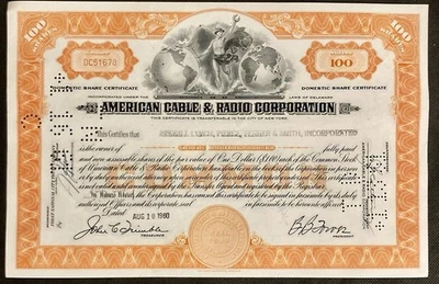 Certificado de stock de 100 acciones vintage de American Cable & Radio Corporation Foto 1 de 3