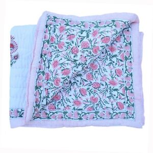 Voile Cotton Handmade Razai Blanket Quilt Floral Block Printed Bedding Bedspread