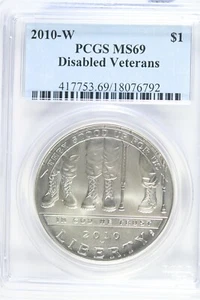 2010 W UNCIRCULATED $1.00 Silver Commemorative - Disabled Vets - PCGS MS 69 - Picture 1 of 2