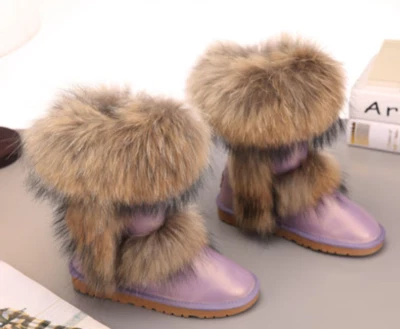 Mujeres Cálidas Cuero Genuino Piel de Zorro Espesas Invierno Tacón Plano Botines Zapatos Foto 1 de 4