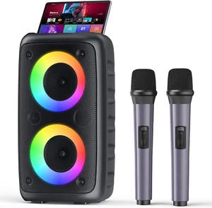 Karaoke Machine, Portable Bluetooth Speaker with 2 Wireless Karaoke Microphones, - Picture 1 of 7