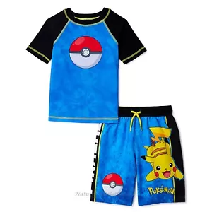 Pokemon Boys Swimsuit Size 4 - 8 Swim Trunks Rash Guard Shirt Shorts Pikachu Set - Picture 1 of 5
