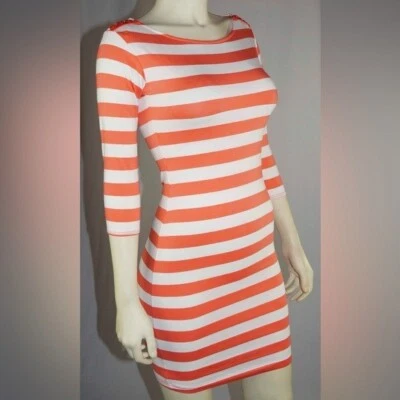 Soprano Coral and White Striped Dress Stretch Comfy Casual Dress 3/4ths Sleeves - Image 1 of 4
