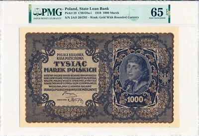 State Loan Bank Poland 1000 Marek 1919  PMG  65EPQ - Image 1 of 2