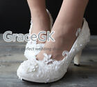 Lace bridal crystal wedding shoes pearls low high heel flat bridesmaid prom shoe