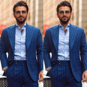 Striped Navy Blue Men's Suits Formal Business Wedding Groom Tuxedo Blazer Pant - Picture 1 of 8