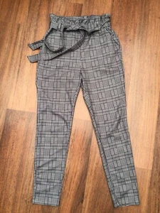 Womens Black White Houndstooth Slim Tapered Leg Belted Trousers Size M 10/12 - Picture 1 of 4