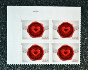 2013USA #4741 Forever Sealed With Love - Red Heart - Plate Block of 4 Mint NH - Picture 1 of 3
