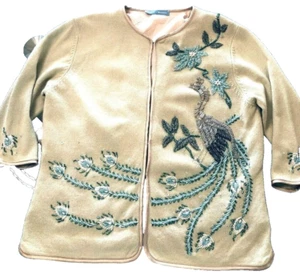Vintage White-Warren Hand Beaded Sweater Peacocks Marked SAMPLE Inside - Picture 1 of 8